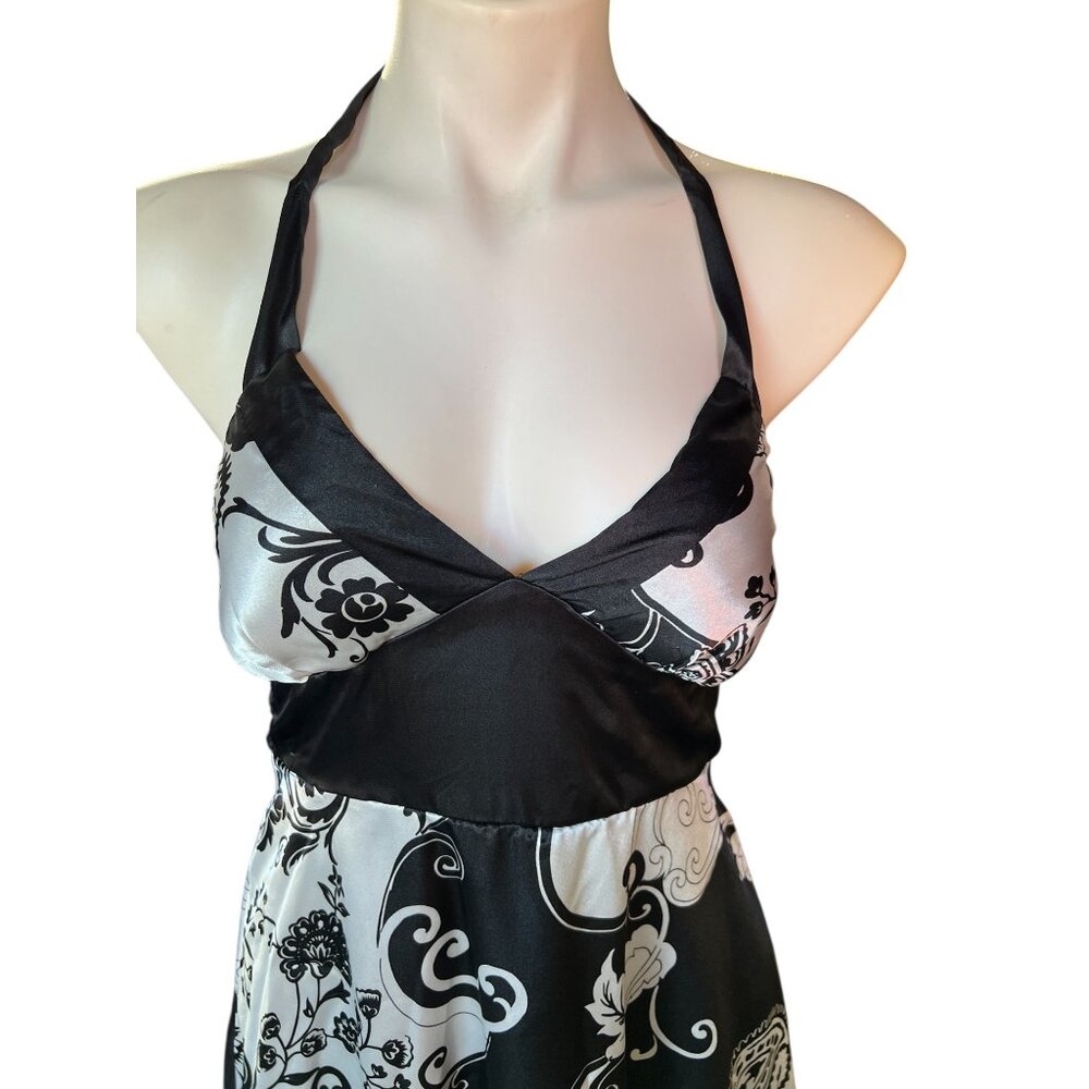 Ruby Rox Womens Halter Dress Size M Satin Floral Black & White Lined with ruffle - Picture 6 of 15